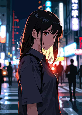 Anime Girl in City at Night