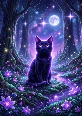 Mystical Black Cat in Enchanted Forest