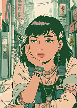 Pensive Girl in Japanese Cityscape