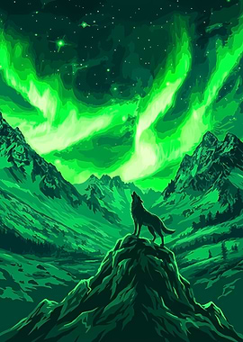 Wolf Howling Under Aurora Borealis