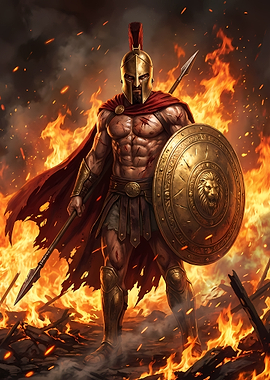Spartan Warrior in Fiery Battle