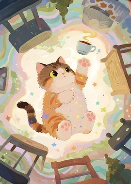Whimsical Cat with Coffee Cup