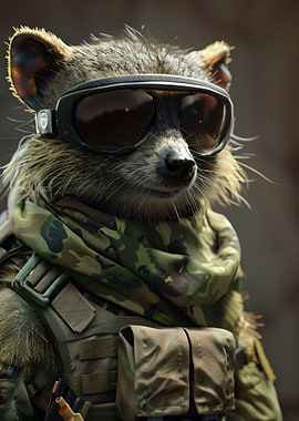 Military Raccoon with Goggles and Camouflage