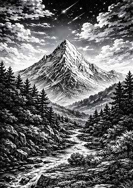 Monochrome Mountain Landscape with River