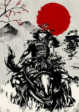 Samurai Warrior on Horseback Ink Painting