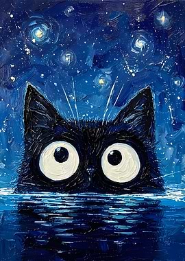 Black Cat Stargazing Painting