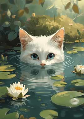 White Cat in Lily Pond