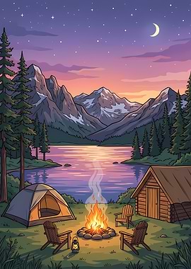 Camping by the Lake at Night