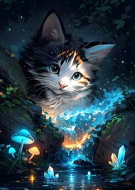 Mystical Kitten with Glowing Waterfall