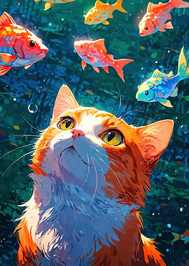 Cat Gazing at Fish