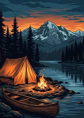 Camping by the Lake at Sunset