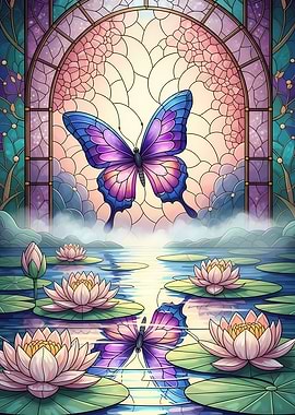 Butterfly and Water Lilies Stained Glass
