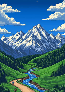 Pixel Art Mountain Landscape with River
