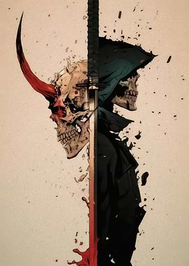 Oni Skull and Hooded Figure with Katana