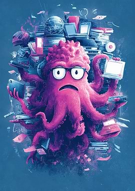 Overwhelmed Octopus with Technology and Books