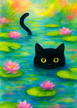 Black cat in water lilies pond