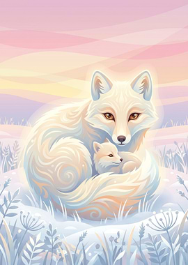 Fox Family in Winter Landscape