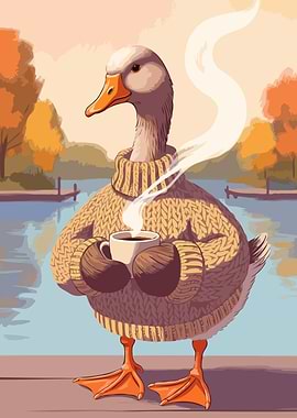 Duck in Sweater with Coffee