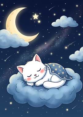 Sleeping Cat on Cloud in Night