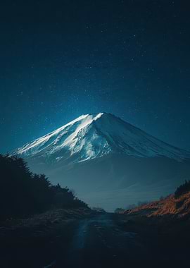 Snowy Mount Fuji Under Starry Night Sky
