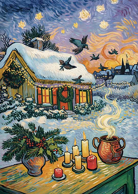 Winter Village Night Painting
