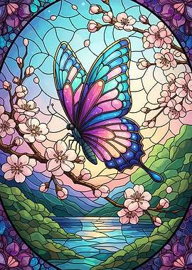 Butterfly and Cherry Blossoms Stained Glass