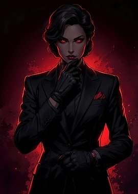 Woman in Black Suit with Red Eyes