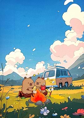 Cartoon Bears Camping with Van