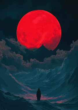 Red Moon Over Ocean Waves