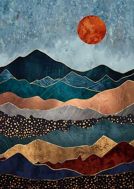 Abstract Mountain Landscape with Red Sun