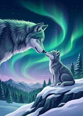 Wolf and Cub Under Aurora Borealis