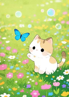 Cute Kitten with Butterfly in Meadow