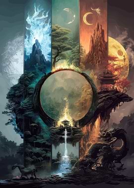 Elemental Landscape with Dragon and Waterfall