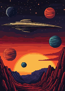 Pixel Art Alien Landscape with UFO