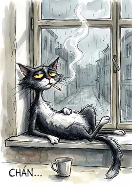 Smoking Cat on Rainy Window Sill