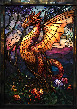Stained Glass Fantasy Dragon in Floral Garden Japan