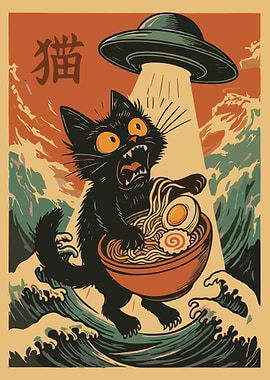 Alien Cat Ramen Poster, Japanese UFO Art Print, Funny Anime Cat Wall Decor