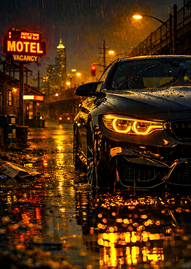 Car in Rainy Cityscape at Night gold light