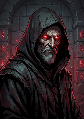 Hooded Wizard with Glowing Red Eyes