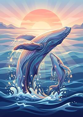 Whales breaching at sunset
