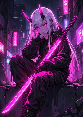 Cyberpunk Oni Girl with Neon Katana