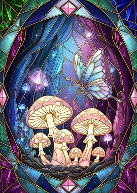 Stained Glass Butterfly and Mushrooms