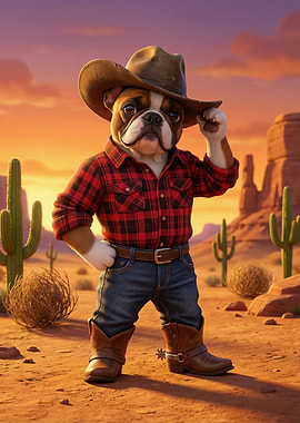 Bulldog Cowboy in Desert Landscape