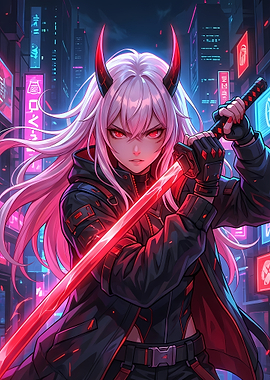 Cyberpunk Oni Girl with Katana