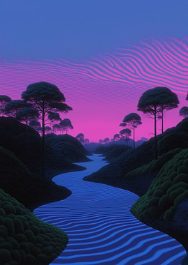 Surreal River Landscape with Pink Sky