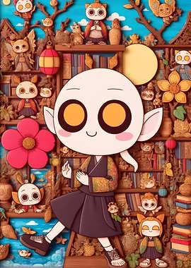 Cartoon Character with Owl-like Figures