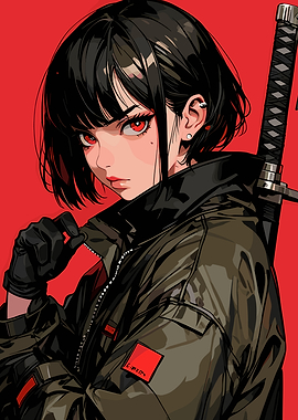 Anime Girl with Katana and Jacket