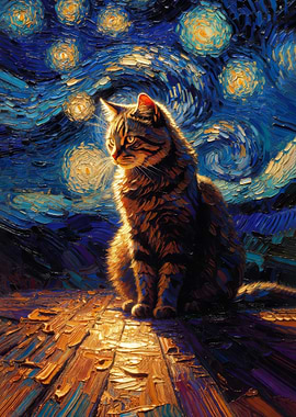 Starry Night Cat: Van Gogh Style Impasto Oil Painting