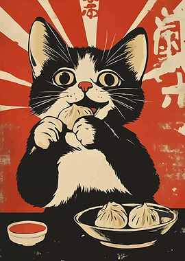 Cat Eating Dumplings with Asian Background