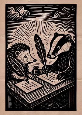 Hedgehog and Badger Writing Illustration